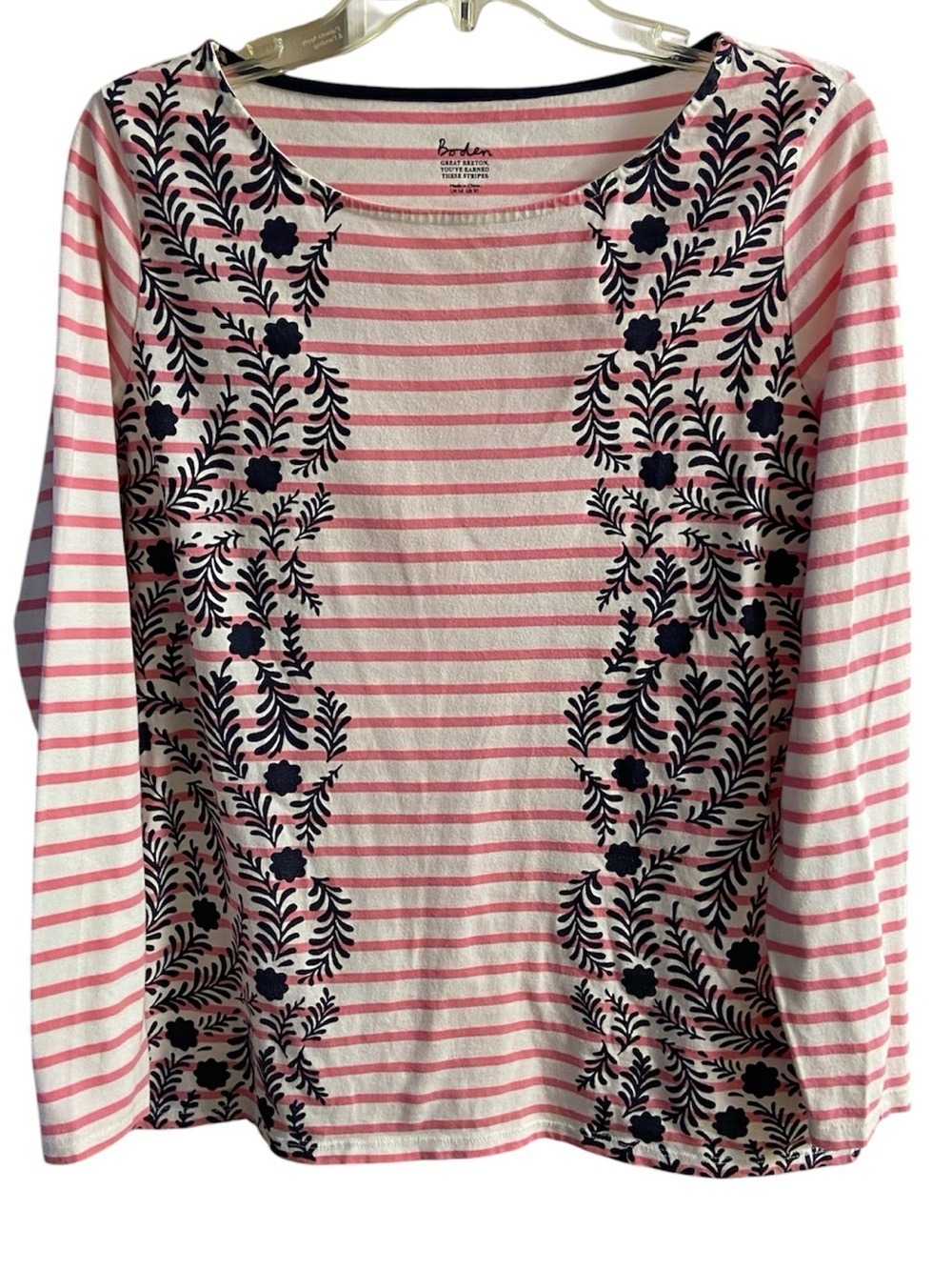 Boden striped floral pink navy boat neck top casual cotton Sz 10
